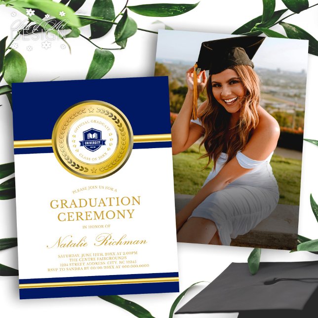 Blue & Gold Formal Graduation Ceremony Photo Invitation (Creator Uploaded)