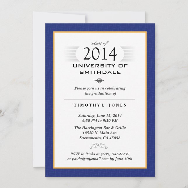 Blue & Gold Formal Graduation Party Invite (Front)