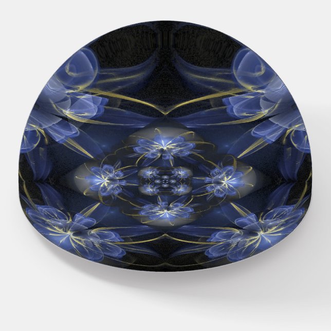 Blue-Gold Fractal Water Lily in a House of Mirrors Paperweight (Angled)