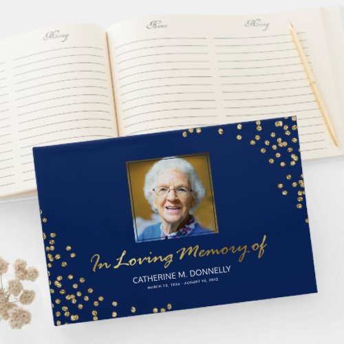 Blue Gold Funeral Condolence  Photo Memorial Guest Book