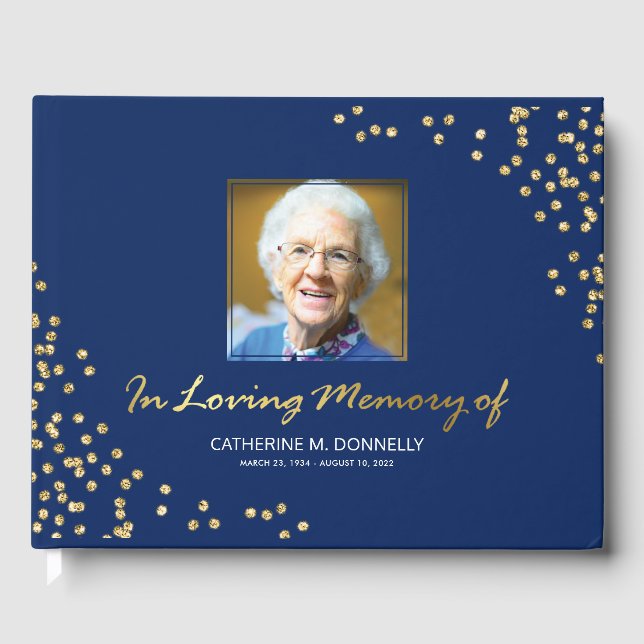 Blue Gold Funeral Condolence | Photo Memorial Guest Book (Front)