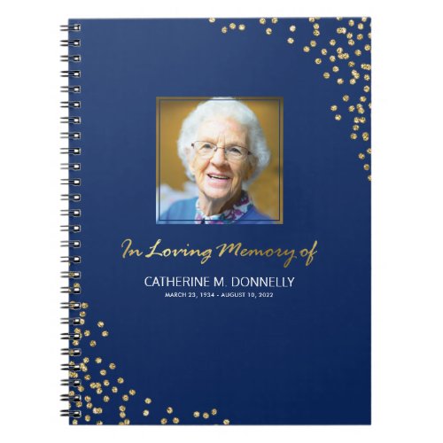 Blue Gold Funeral Condolence  Photo Memorial Notebook