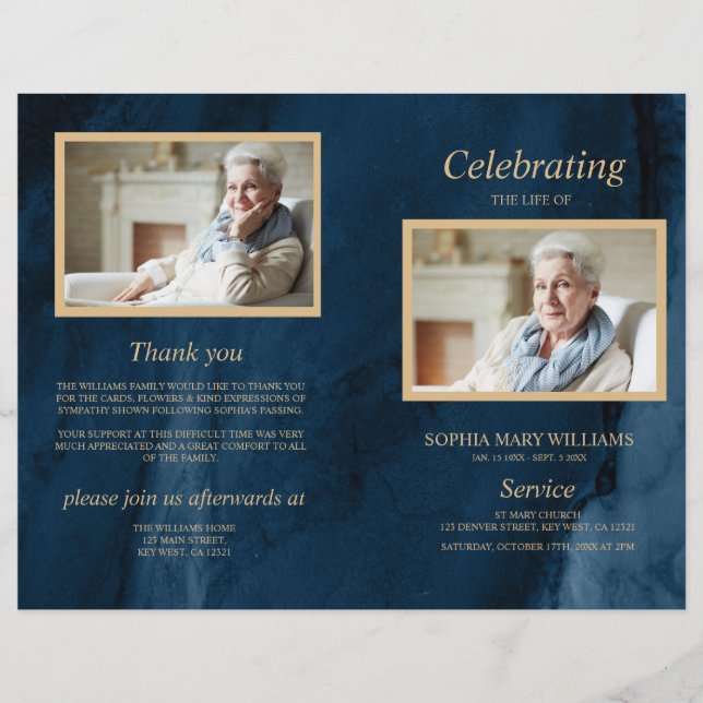 Blue & Gold Funeral Program | Order of Service (Front)