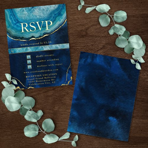 Blue Gold Galaxy Agate Wedding  RSVP    Foil Invitation Postcard