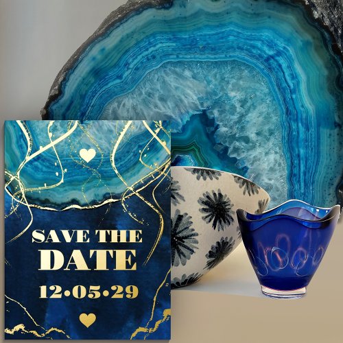 Blue Gold Galaxy Agate Wedding  SAVE THE DATE Foil Invitation Postcard