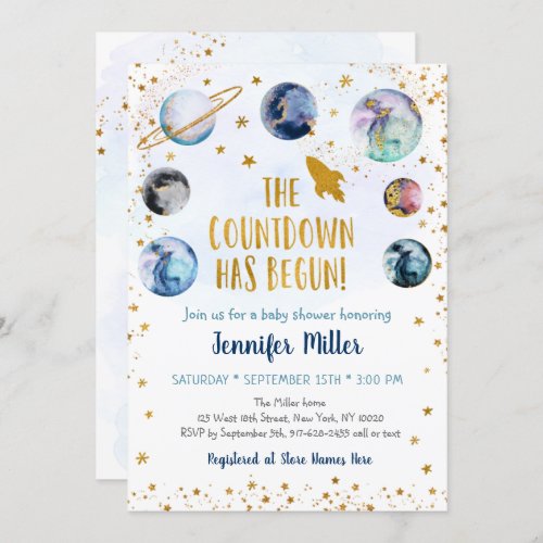 Blue Gold Galaxy Countdown Has Begun Baby Shower Invitation