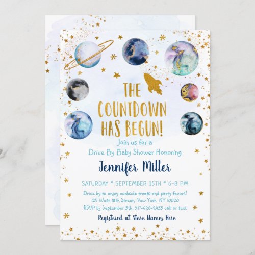 Blue Gold Galaxy Space Drive By Baby Shower Invitation