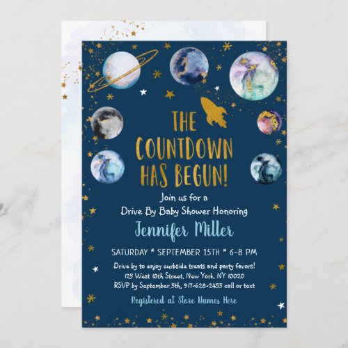 Blue Gold Galaxy Space Drive By Baby Shower Invitation
