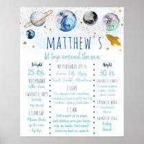 Blue Gold Galaxy Space First Birthday Milestone Poster