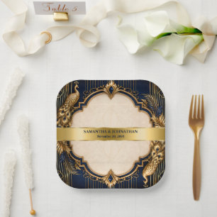 Blue gold gatsby peacock wedding dinner paper plates