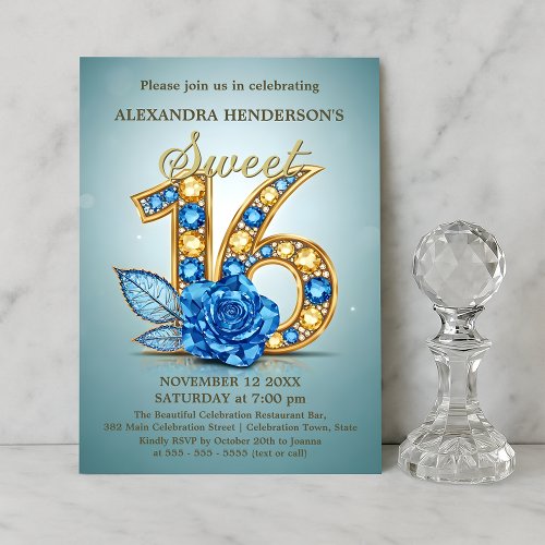  Blue Gold Gemstone Rose Jeweled Sweet Sixteen  Invitation