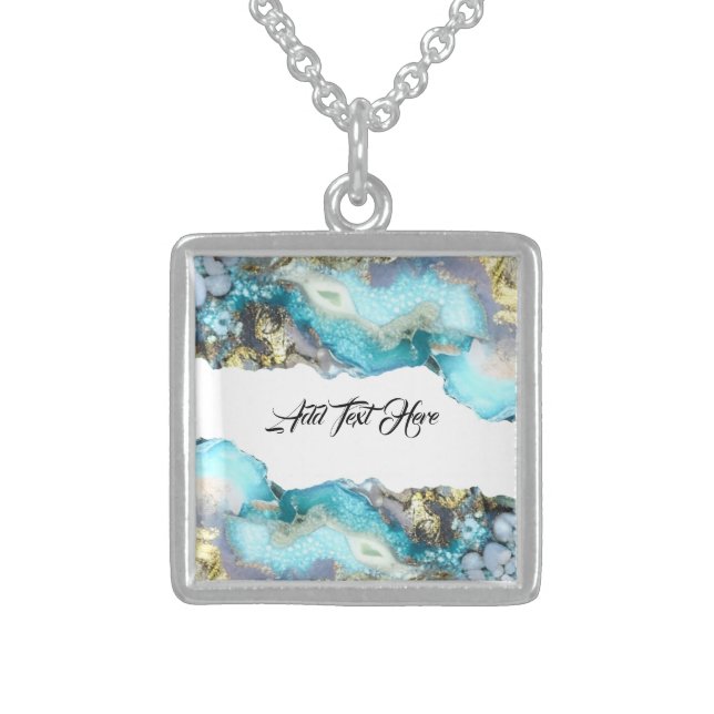 Blue Gold Geode Square Pendant Necklace (Front)