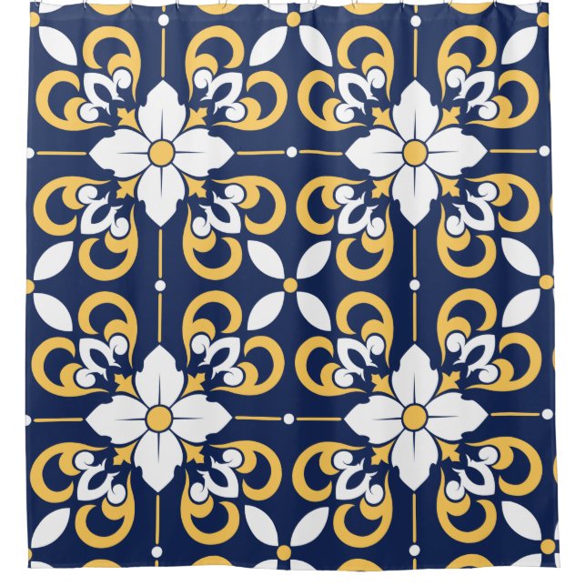 Blue gold geometric decorative Moroccan tile Shower Curtain (Front)