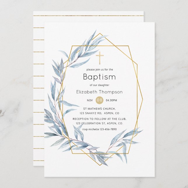 Blue & Gold Geometric Eucalyptus Leaf Baptism Invitation (Front/Back)
