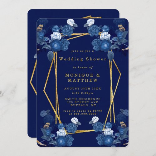Blue  Gold Geometric Flora Wedding Shower Invite