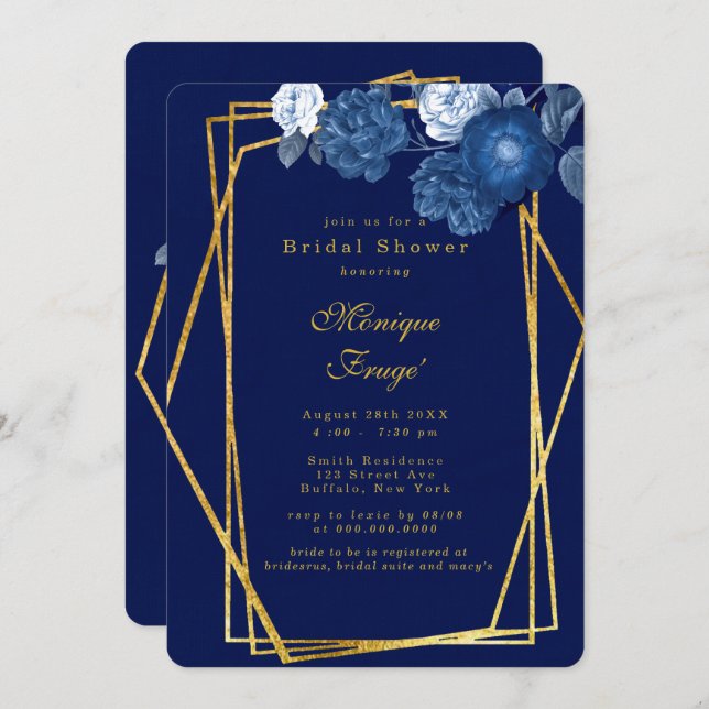Blue & Gold Geometric Floral Bridal Shower Invitation (Front/Back)