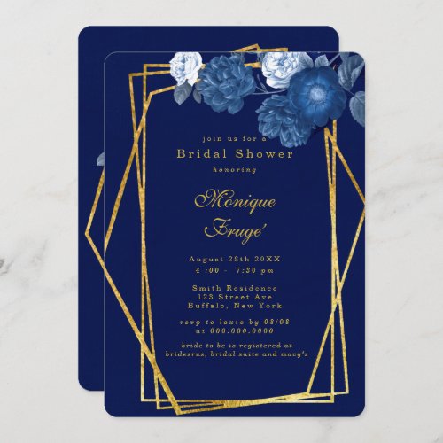 Blue  Gold Geometric Floral Bridal Shower Invitation