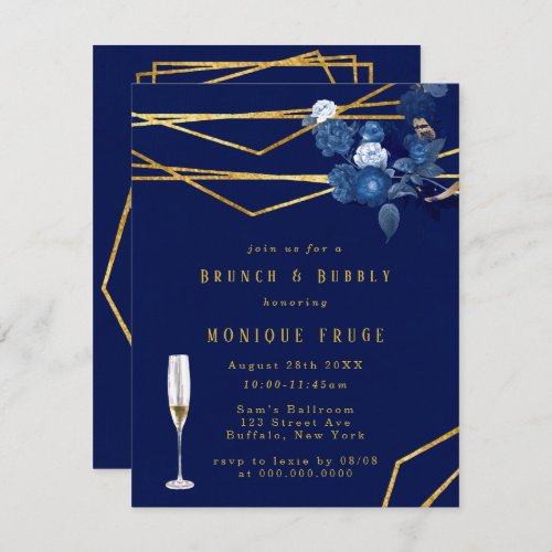 Blue  Gold Geometric Floral Brunch  Bubbly Invitation