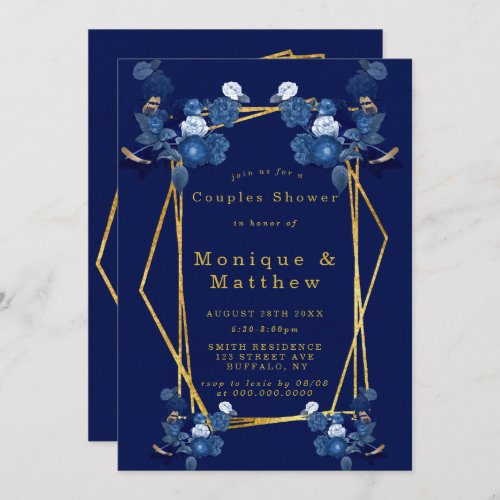 Blue  Gold Geometric Floral Couples Shower invite