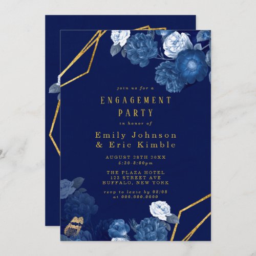 Blue  Gold Geometric Floral Engagement Party Invitation