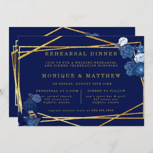 Blue  Gold Geometric Floral Rehearsal Dinner Invitation