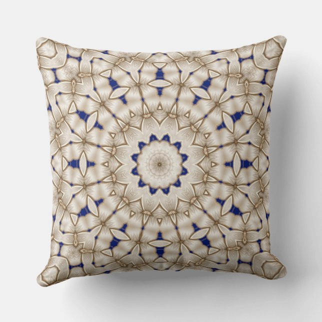 Blue Gold Geometric Floral Throw Pillow (Back)