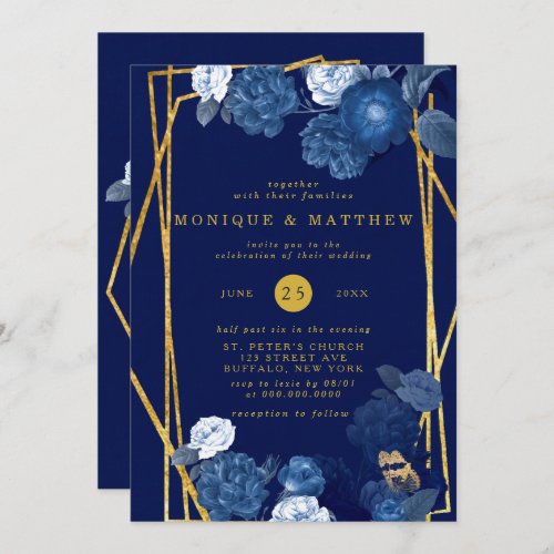 Blue  Gold Geometric Floral Wedding Invitation