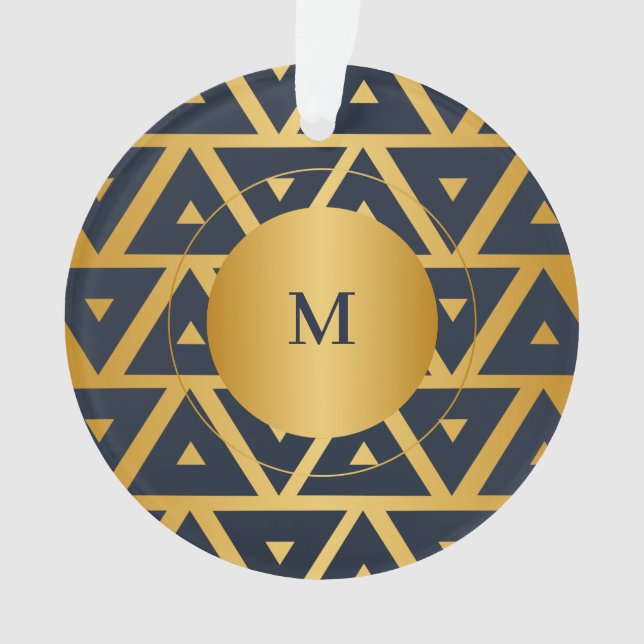 Blue Gold Geometric pattern Personalized Ornament (Front)
