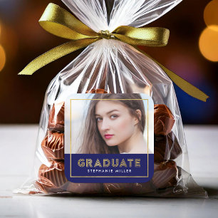 Blue Gold Geometric Photo Graduate Square Sticker