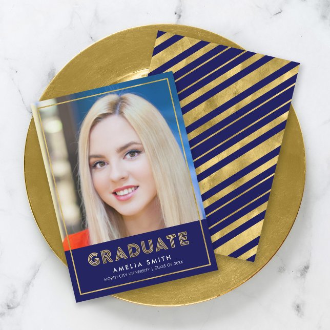 Blue Gold Geometric Photo Graduation Announcement (Creator Uploaded)