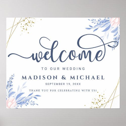 Blue Gold Geometric Pink Wedding Welcome Sing Poster