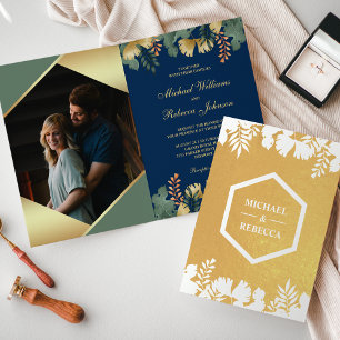 Blue Gold Geometric Tropical Photo Wedding Foil Card
