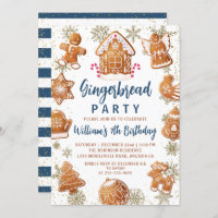 Blue Gold Gingerbread Cookie Decorating Birthday Invitation