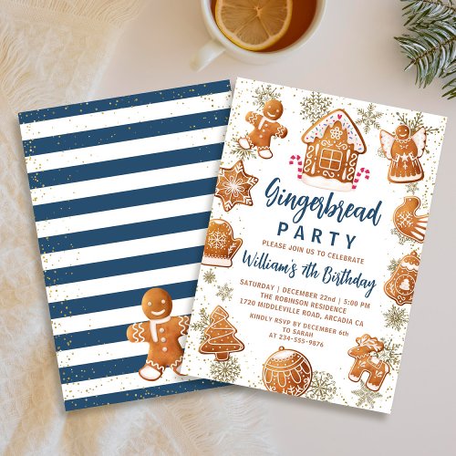 Blue Gold Gingerbread Cookie Decorating Birthday Invitation