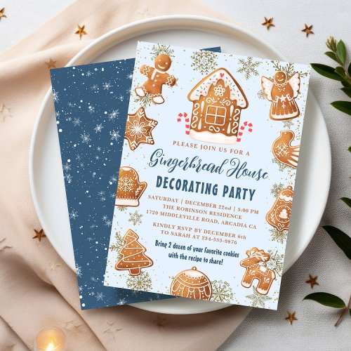 Blue Gold Gingerbread House Decorating Party Invitation