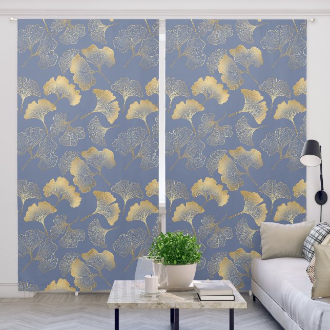 Blue Gold Ginkgo Floral Pattern Blackout Curtains (Living Room)