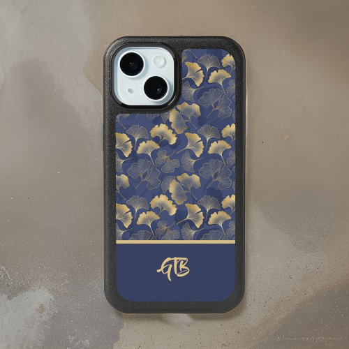 Blue Gold Ginkgo Leaves with Initials Monogram iPhone 15 Case