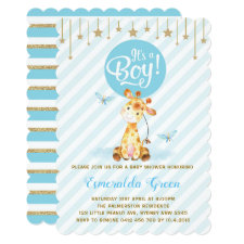 Blue Gold Giraffe Baby Shower Twinkle Star Invite