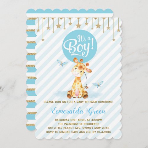 Blue Gold Giraffe Baby Shower Twinkle Star Invite