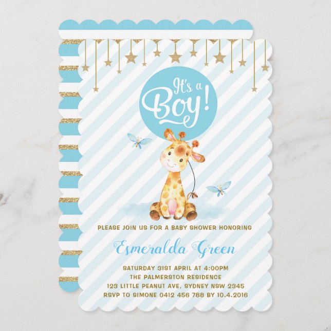 Blue Gold Giraffe Baby Shower Twinkle Star Invite (Front/Back)