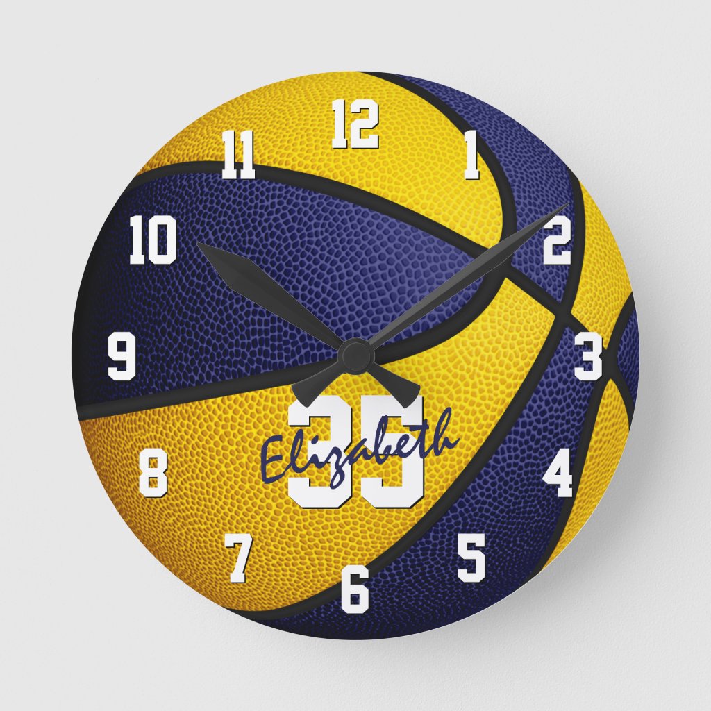 blue gold girls boys basketball personalized round clock