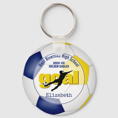 blue gold girls soccer goal team spirit sports keychain