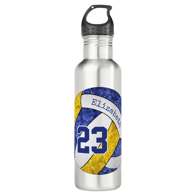 blue gold girls volleyball team colors name number stainless steel water bottle (Front)