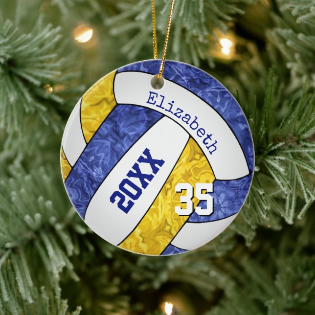 blue gold girly volleyball team colors ceramic ornament (Tree)