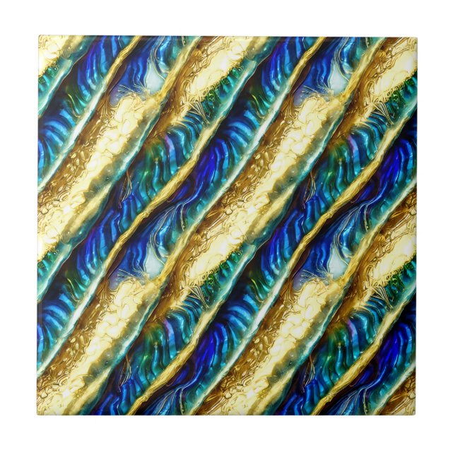 Blue gold glam liquid puau shell seamless pattern ceramic tile (Front)