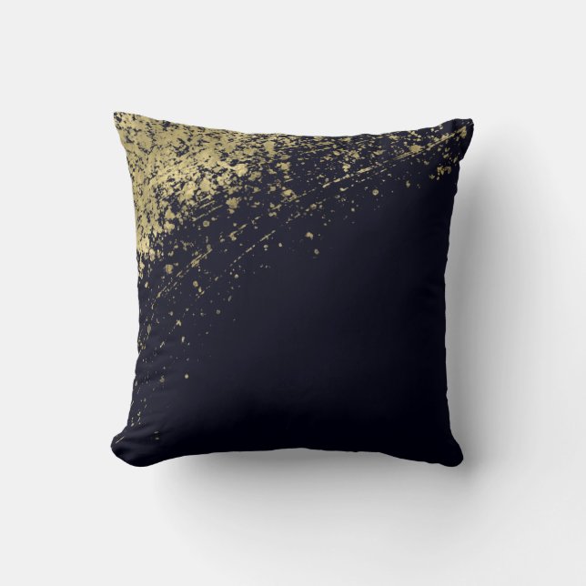 Blue & Gold Glamour Paint Splatter Modern Glam Throw Pillow (Front)