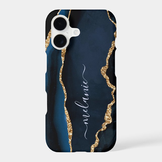 Blue Gold Gliter iPhone Case Personalized Name (Back)