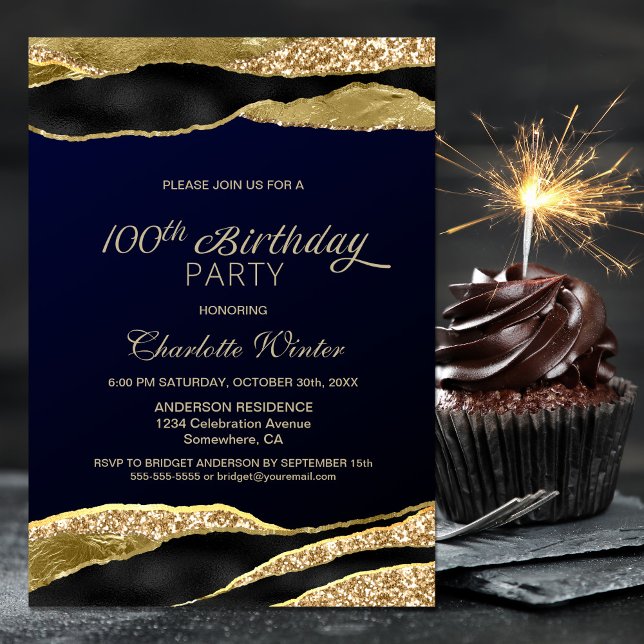 Blue Gold Glitter 100th Birthday Party Invitation (Creator Uploaded)