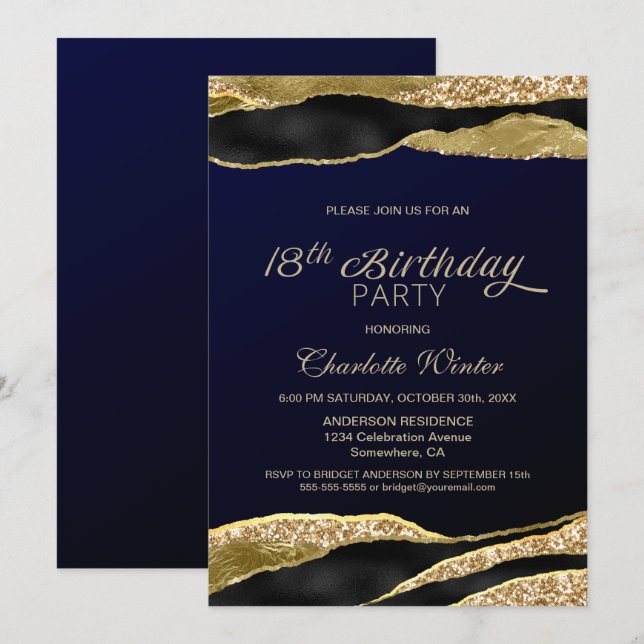 Blue Gold Glitter 18th Birthday Party Invitation | Zazzle