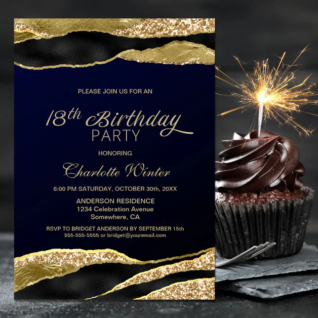 Blue Gold Glitter 18th Birthday Party Invitation | Zazzle